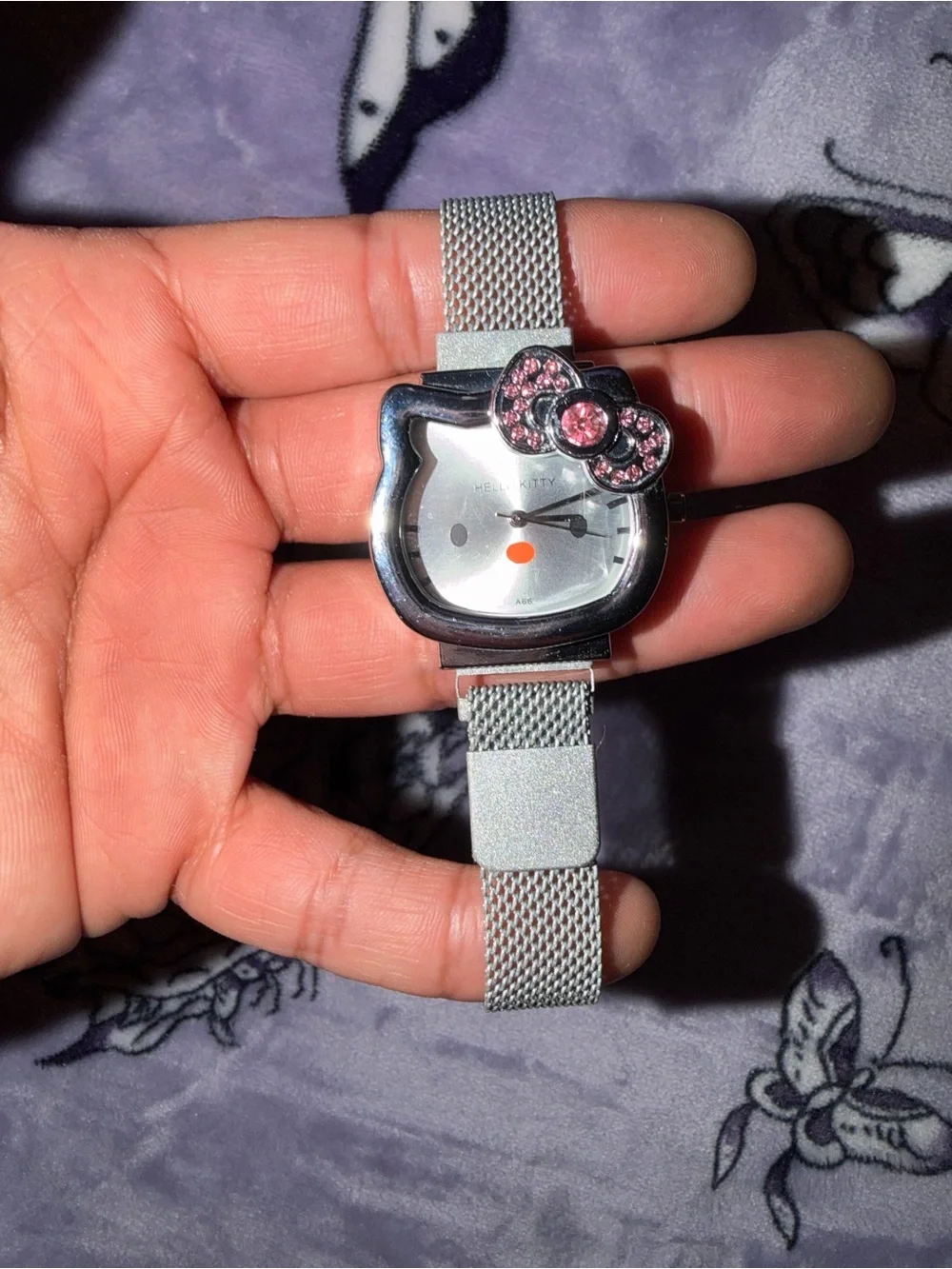 Y2K Hello Kitty Rhinestone Mesh Watch Silver Pink Bling Retro